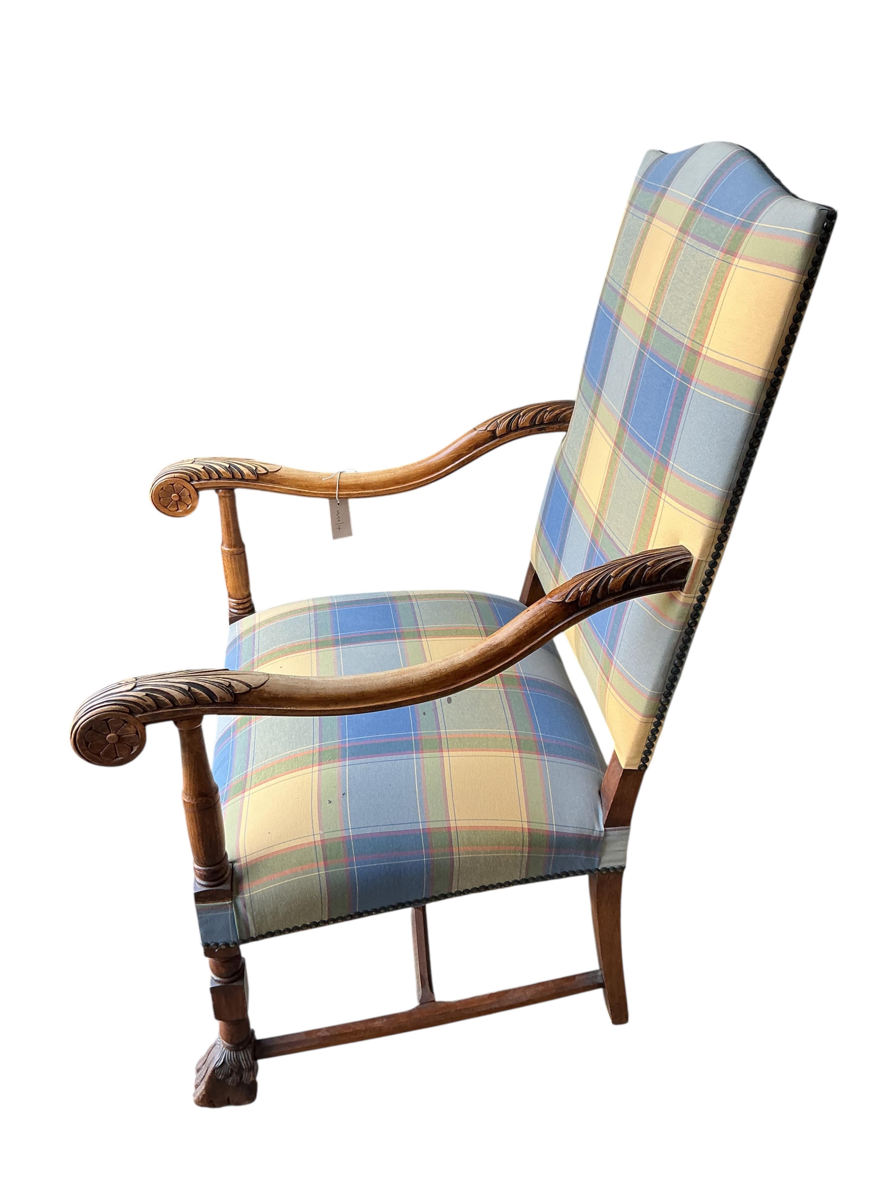 A Louis XVI style upholstered walnut armchair, width 65cm, depth 65cm, height 108cm